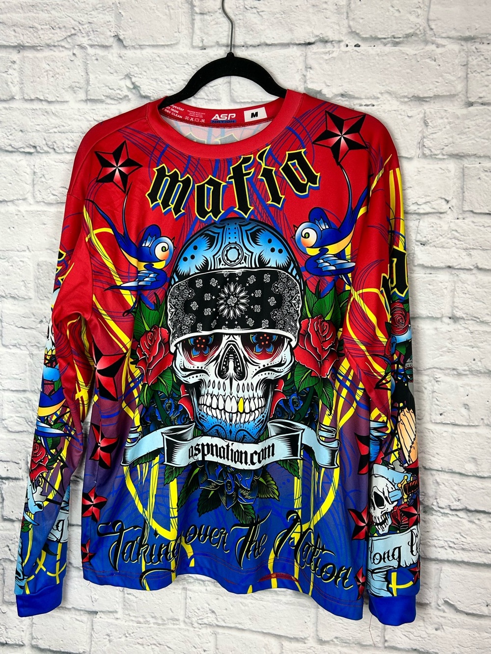 ASP Nation Skull Graphic Long Sleeve Shirt Red Blue Tattoo Style Size M